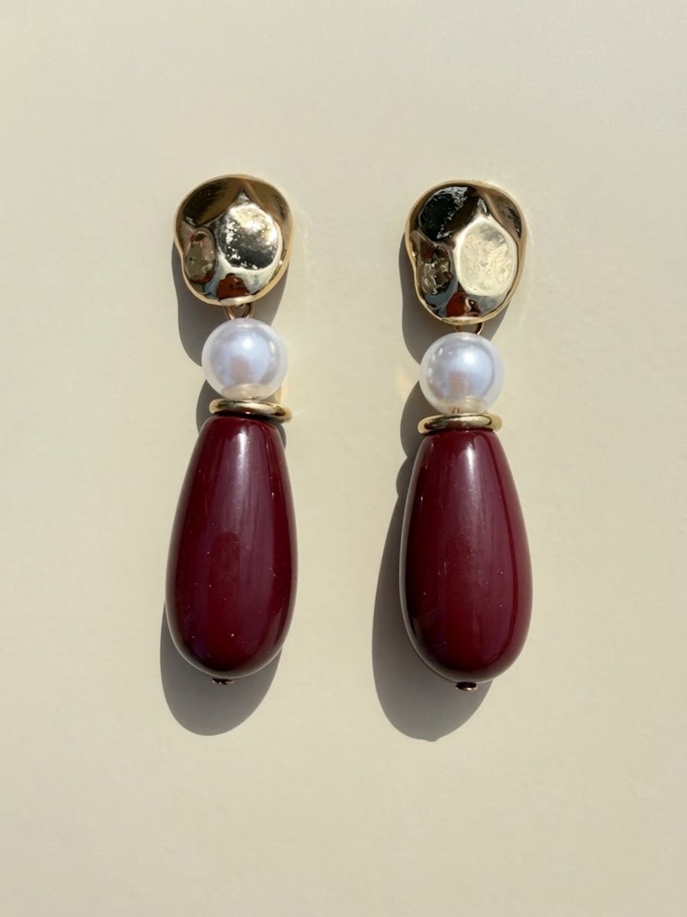 Gold Pearl and Burgundy Teardrop Drop Earrings